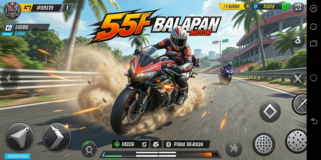 Screenshot gameplay 555F menunjukkan suasana balapan motor yang mendebarkan.