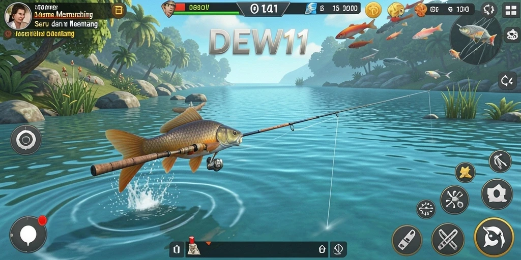 Screenshot gameplay DEWI11 menampilkan momen menangkap ikan besar.
