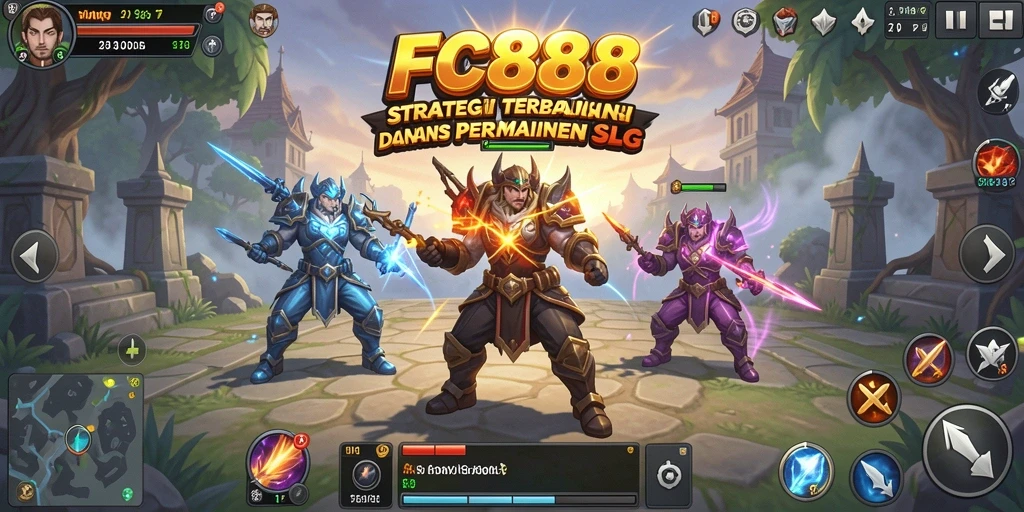 Screenshot gameplay FC888 menunjukkan pertarungan epik dan pembangunan kerajaan.