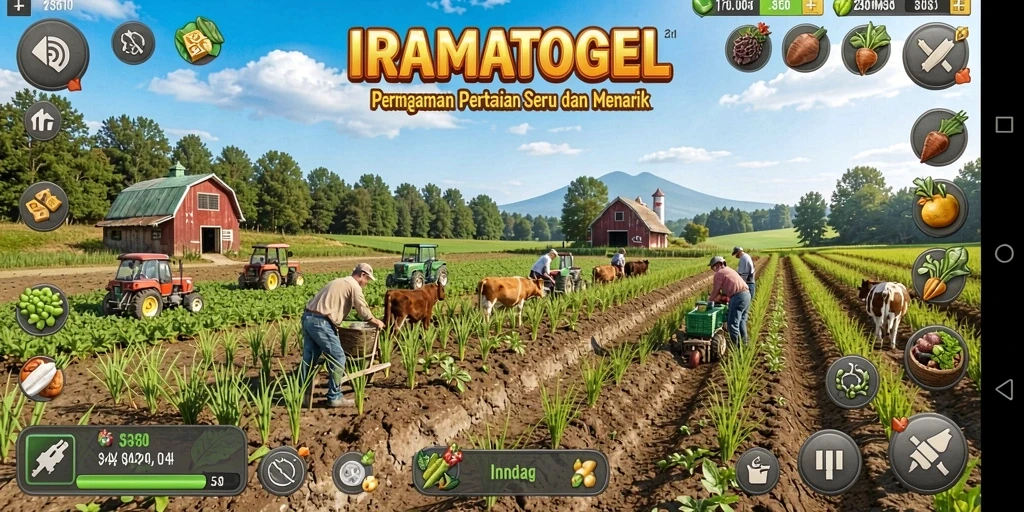 Tampilan gameplay IRAMATOGEL dengan pertanian yang indah dan beragam aktivitas.
