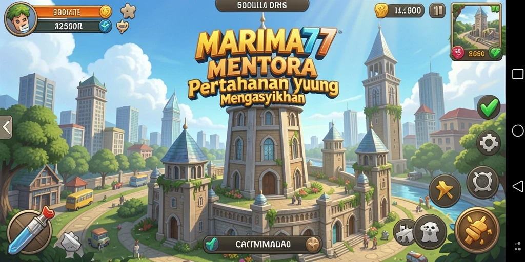 Screenshot gameplay MARIMA77 menunjukkan aksi menara yang menegangkan.