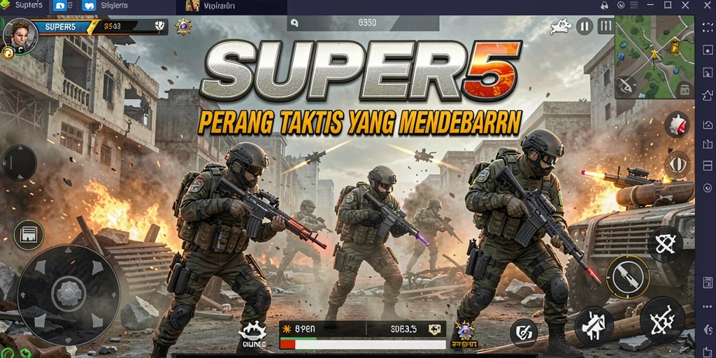Screenshot gameplay SUPER5 menampilkan aksi tembak-menembak yang intens.