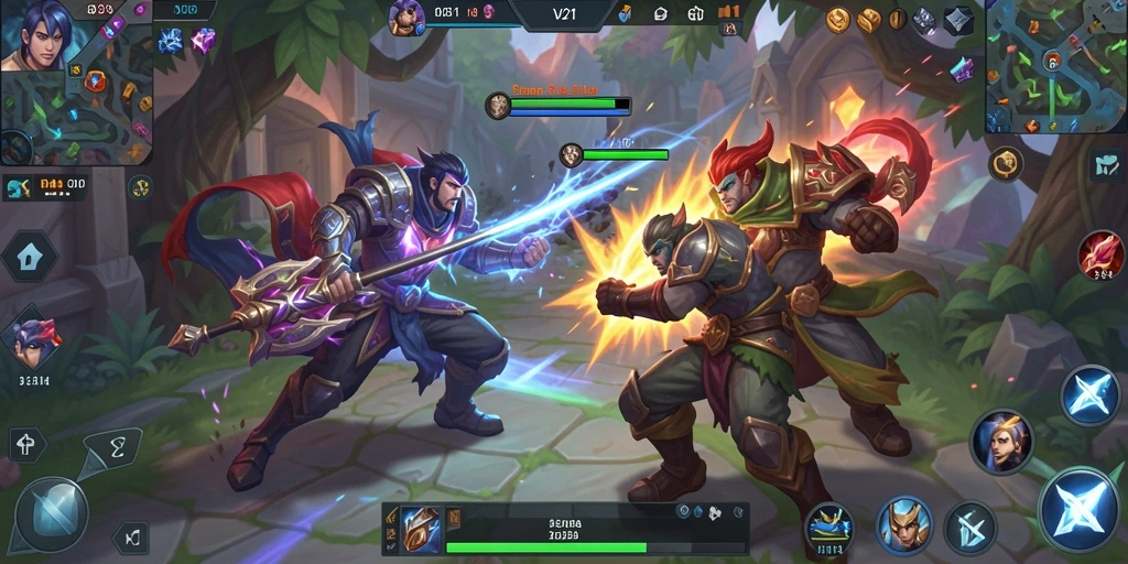 Screenshot gameplay V21 dengan aksi pertempuran MOBA yang mendebarkan.